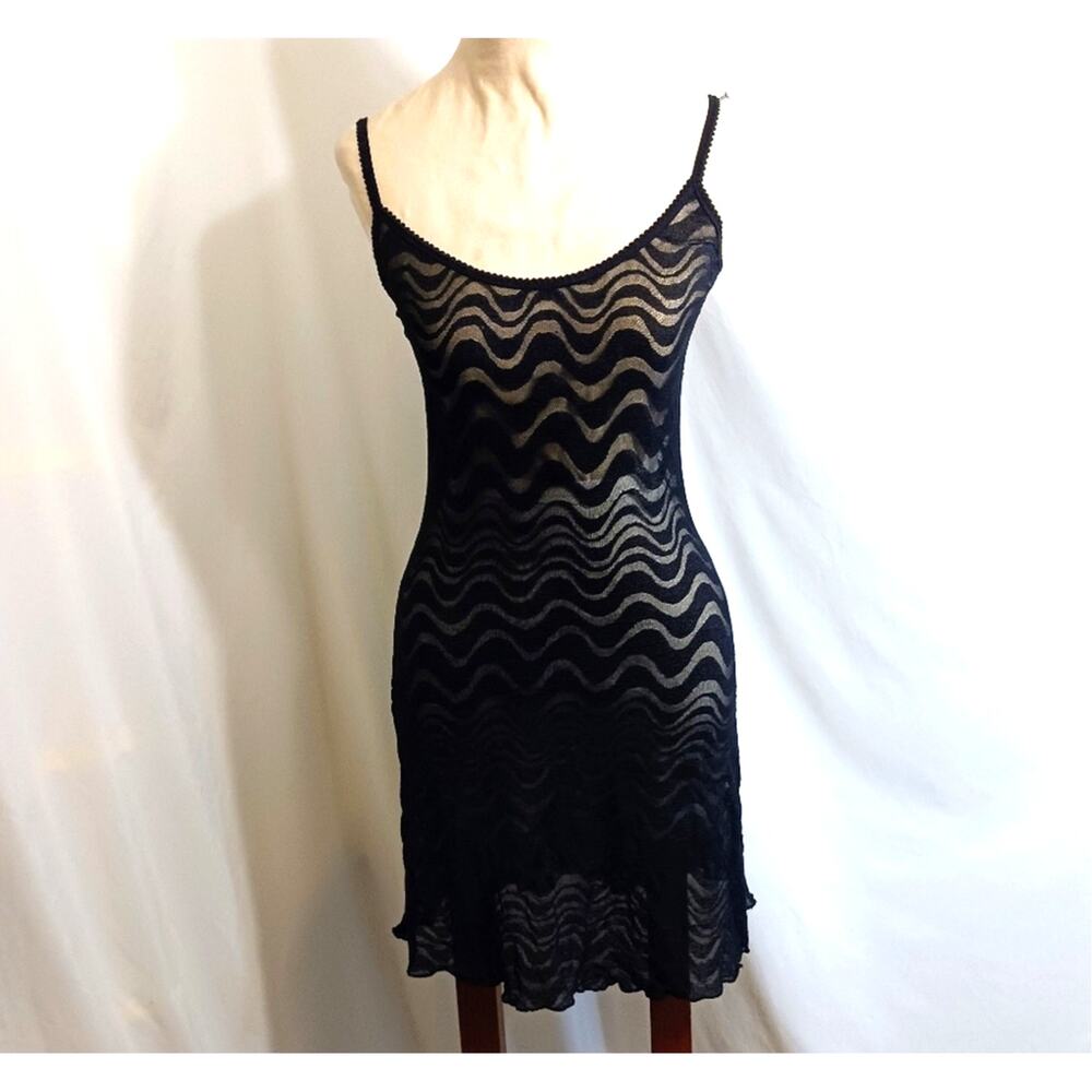 Y2K Bodycon Lingerie Nightie Sz S BLACK Semi Sheer Zig Zag Coquette Goth Glam